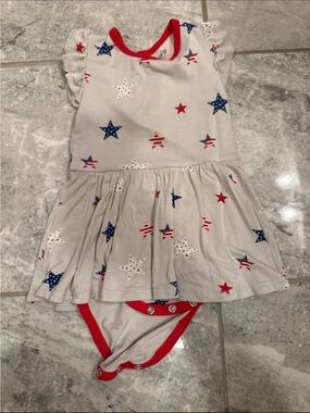 Kyte BABY Cream Dress and Onesie with Red and Blue Star Print